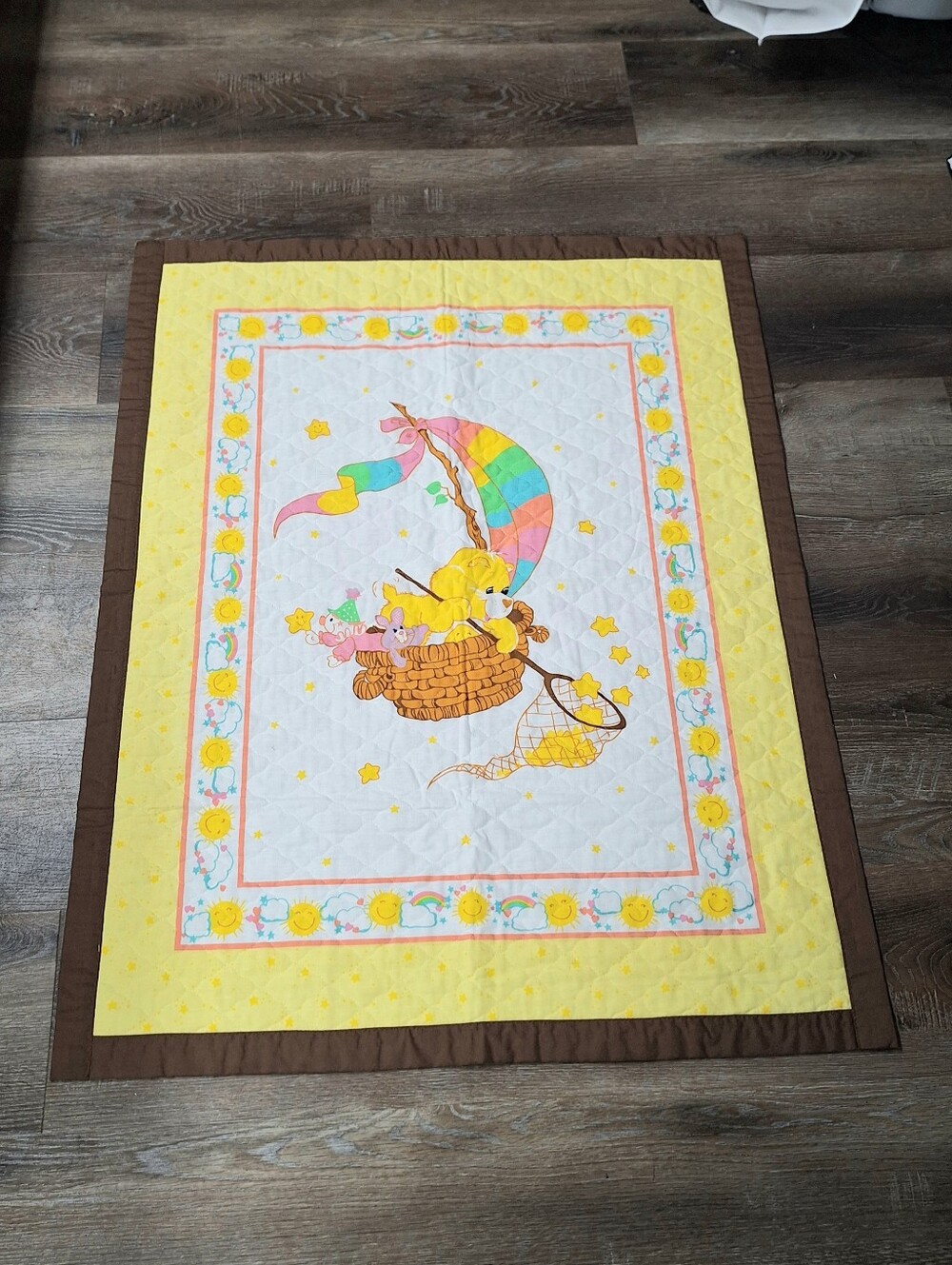 Vintage 1980s Handmade Care Bears "Funshine Bear" Baby Quilt 35 X 43